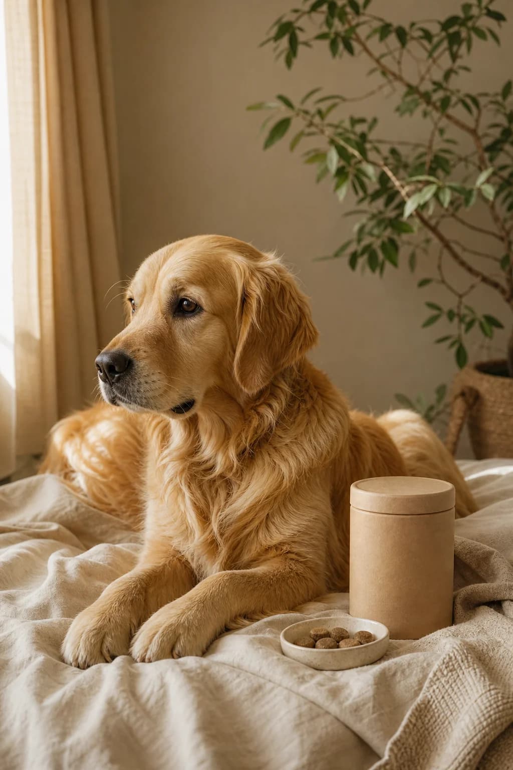 A calm dog resting on warm linen beside a kraft supplement jar