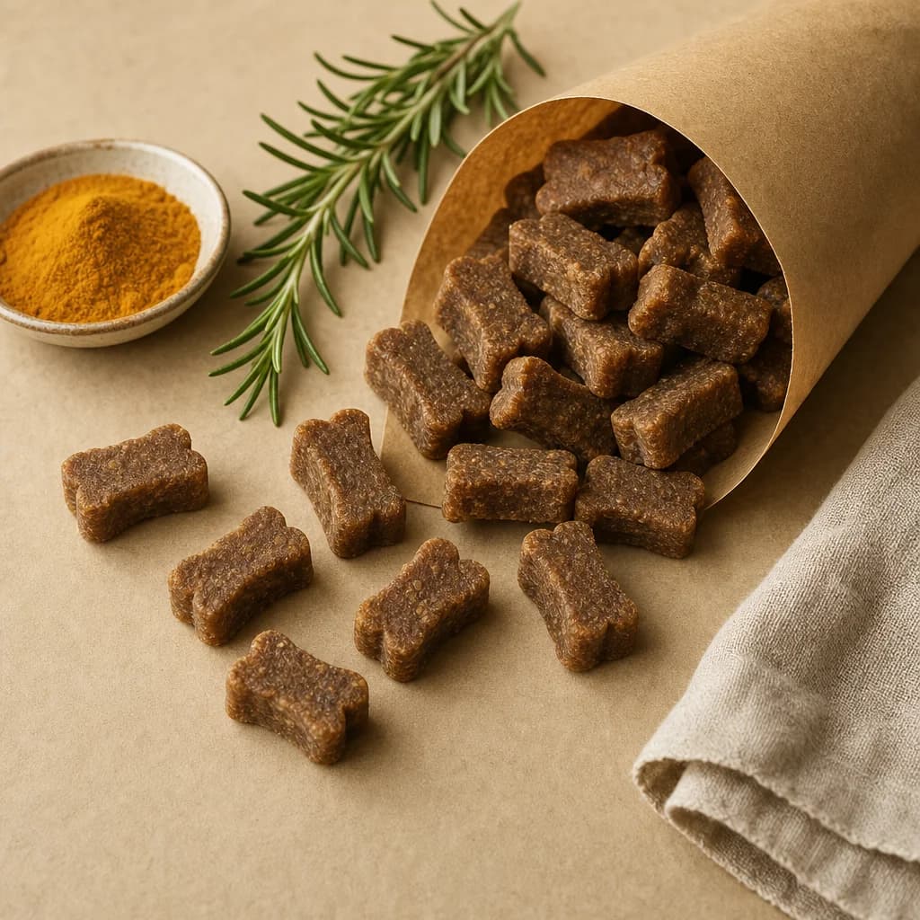 Soft dog chews on warm paper with rosemary and turmeric